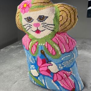 Vintage Needlepoint Cat Pillow Handmade Blue‎ Pink Floral Accent Throw Decor